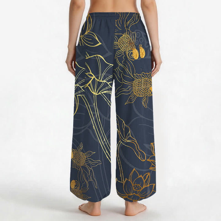 Buddha Stones Cotton Golden Lotus Koi Fish Pattern Women's Elastic Waist Harem Pants With Side Pockets - image 9