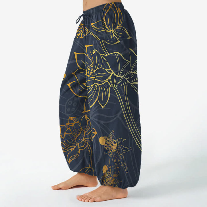 Buddha Stones Cotton Golden Lotus Koi Fish Pattern Women's Elastic Waist Harem Pants With Side Pockets - image 8