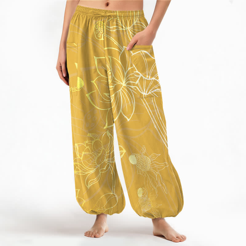Buddha Stones Cotton Golden Lotus Koi Fish Pattern Women's Elastic Waist Harem Pants With Side Pockets - Gold - US16，UK/AU20，EU48 (3XL) - image 10