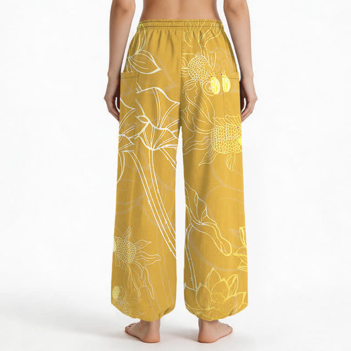 Buddha Stones Cotton Golden Lotus Koi Fish Pattern Women's Elastic Waist Harem Pants With Side Pockets - image 12