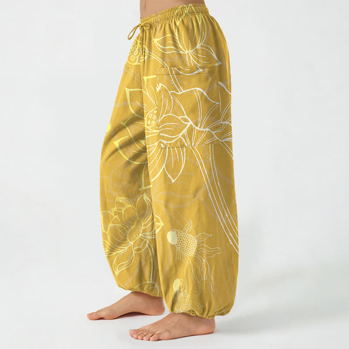 Buddha Stones Cotton Golden Lotus Koi Fish Pattern Women's Elastic Waist Harem Pants With Side Pockets - image 11