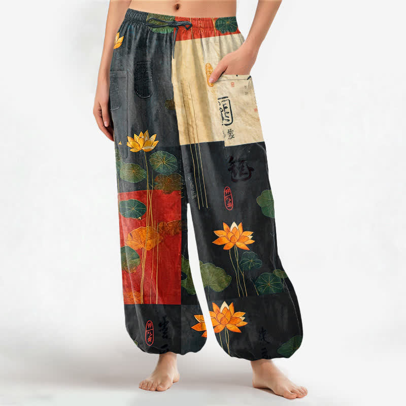 Buddha Stones Cotton Oriental Lotus Leaves Patchwork Design Pattern Women's Elastic Waist Harem Pants With Side Pockets - Black - US16，UK/AU20，EU48 (3XL) - image 0