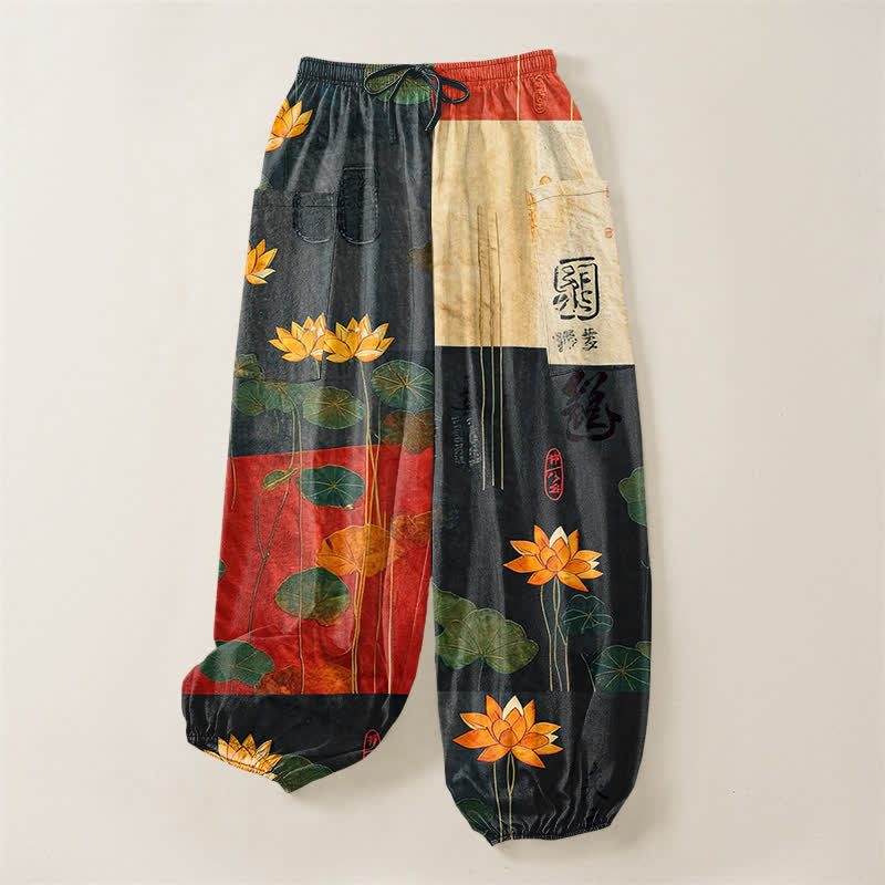Buddha Stones Cotton Oriental Lotus Leaves Patchwork Design Pattern Women's Elastic Waist Harem Pants With Side Pockets - image 3