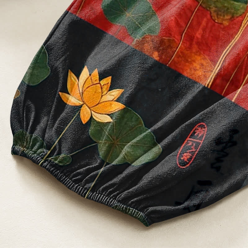 Buddha Stones Cotton Oriental Lotus Leaves Patchwork Design Pattern Women's Elastic Waist Harem Pants With Side Pockets - image 6