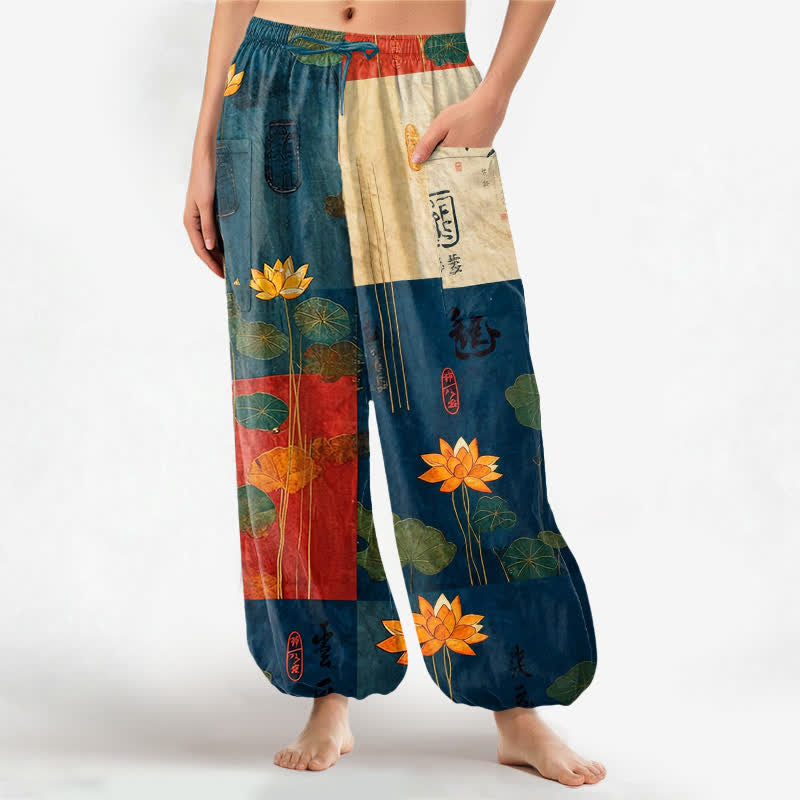 Buddha Stones Cotton Oriental Lotus Leaves Patchwork Design Pattern Women's Elastic Waist Harem Pants With Side Pockets - SteelBlue - US16，UK/AU20，EU48 (3XL) - image 7