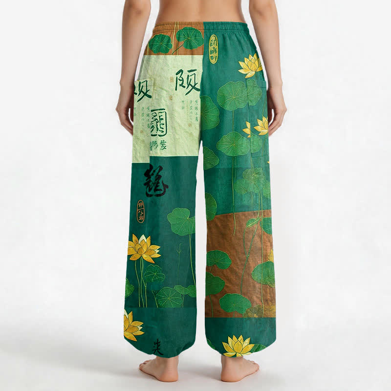 Buddha Stones Cotton Oriental Lotus Leaves Patchwork Design Pattern Women's Elastic Waist Harem Pants With Side Pockets - image 12