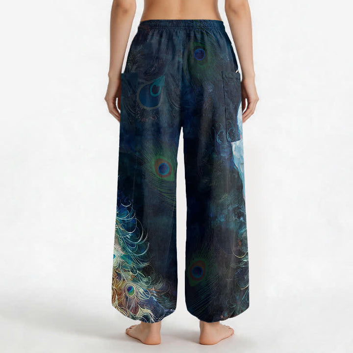 Buddha Stones Cotton White Peacock Feather Pattern Women's Elastic Waist Harem Pants With Side Pockets - image 2