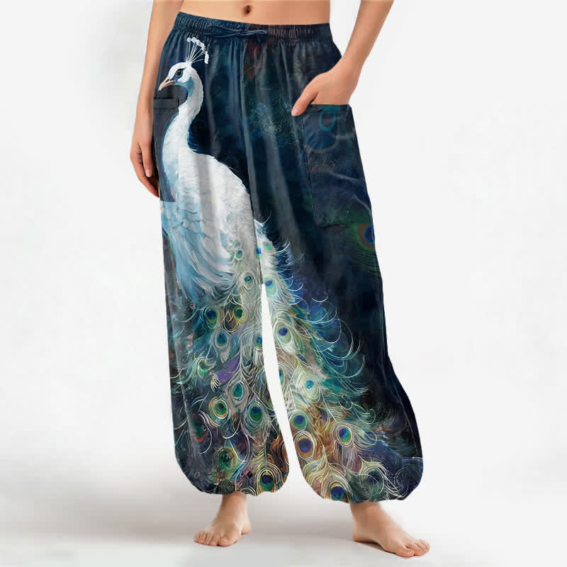 Buddha Stones Cotton White Peacock Feather Pattern Women's Elastic Waist Harem Pants With Side Pockets - Navy - US16，UK/AU20，EU48 (3XL) - image 0