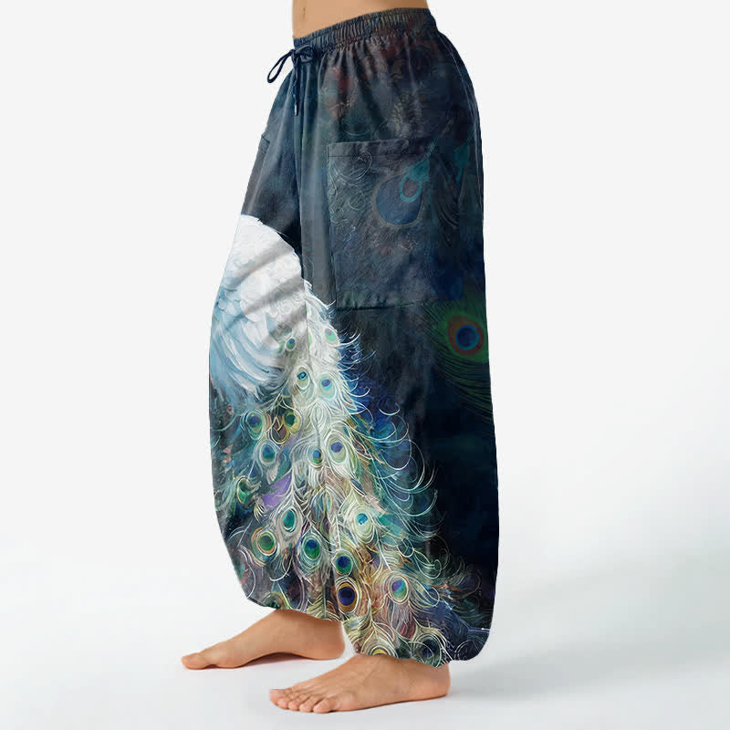 Buddha Stones Cotton White Peacock Feather Pattern Women's Elastic Waist Harem Pants With Side Pockets - image 1