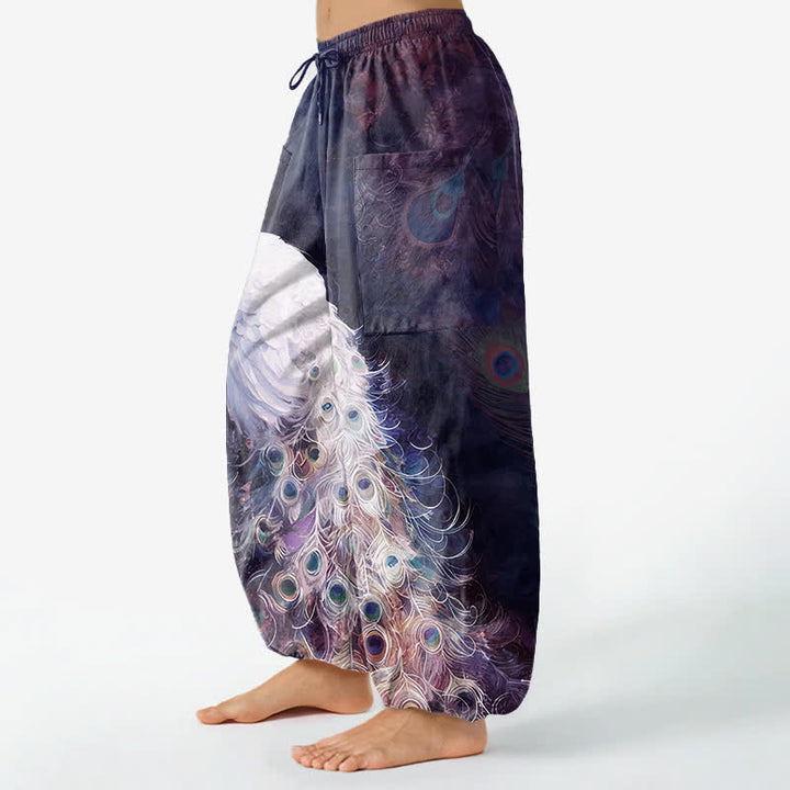 Buddha Stones Cotton White Peacock Feather Pattern Women's Elastic Waist Harem Pants With Side Pockets - image 8