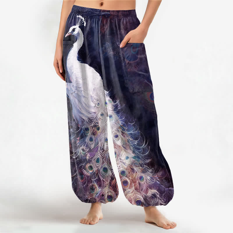 Buddha Stones Cotton White Peacock Feather Pattern Women's Elastic Waist Harem Pants With Side Pockets - Indigo - US16，UK/AU20，EU48 (3XL) - image 7
