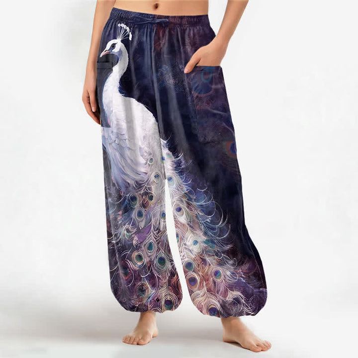 Buddha Stones Cotton White Peacock Feather Pattern Women's Elastic Waist Harem Pants With Side Pockets - Indigo - US16，UK/AU20，EU48 (3XL) - image 7