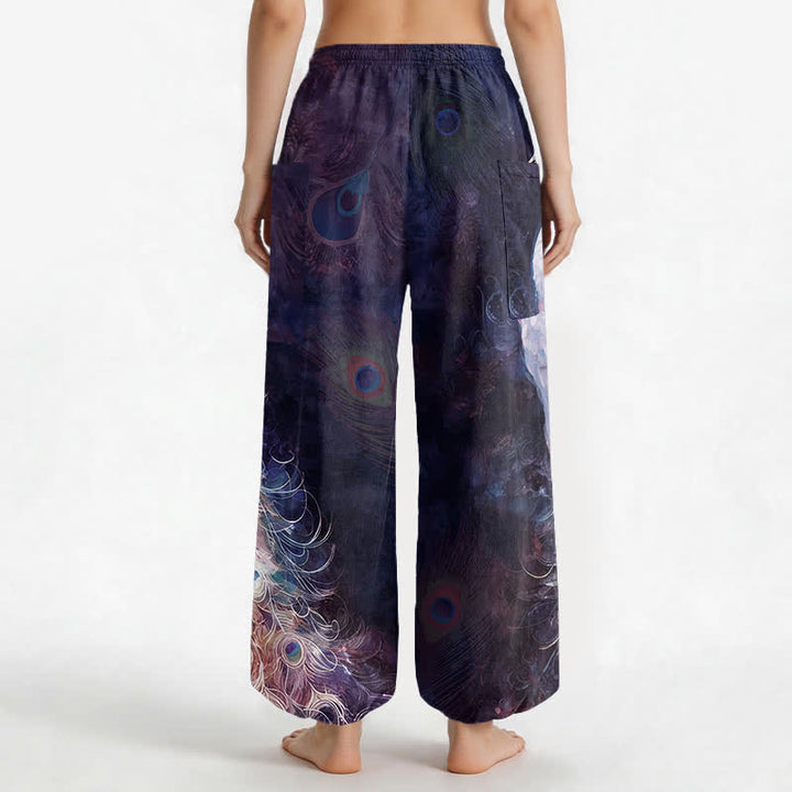 Buddha Stones Cotton White Peacock Feather Pattern Women's Elastic Waist Harem Pants With Side Pockets - image 9