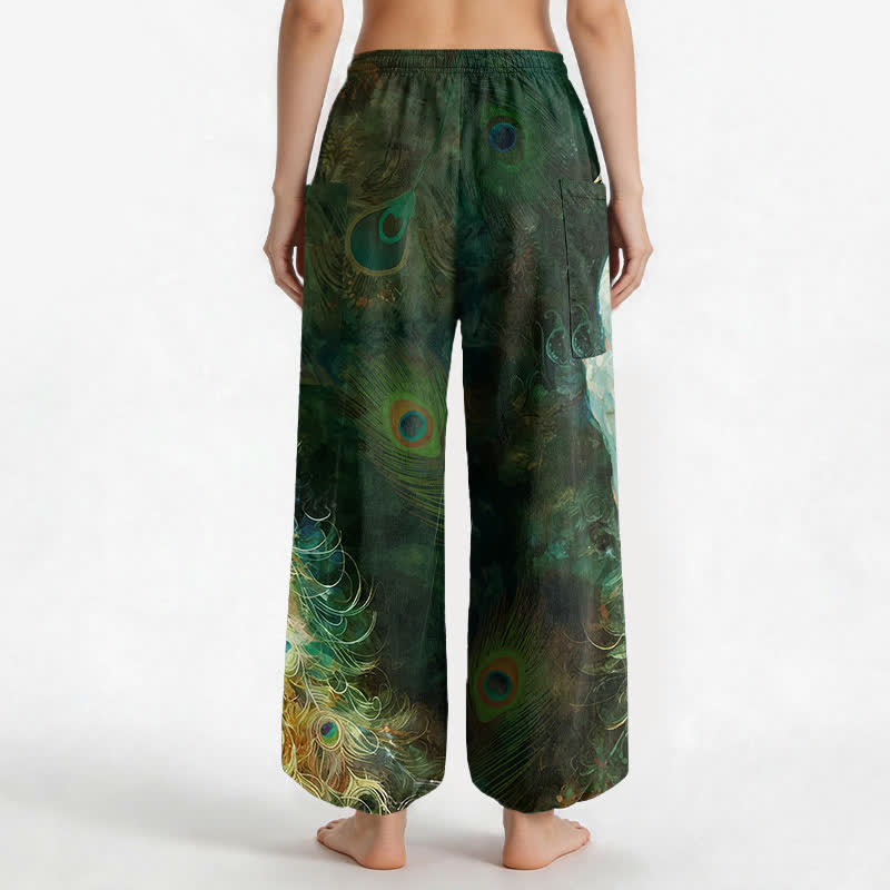 Buddha Stones Cotton White Peacock Feather Pattern Women's Elastic Waist Harem Pants With Side Pockets - image 12