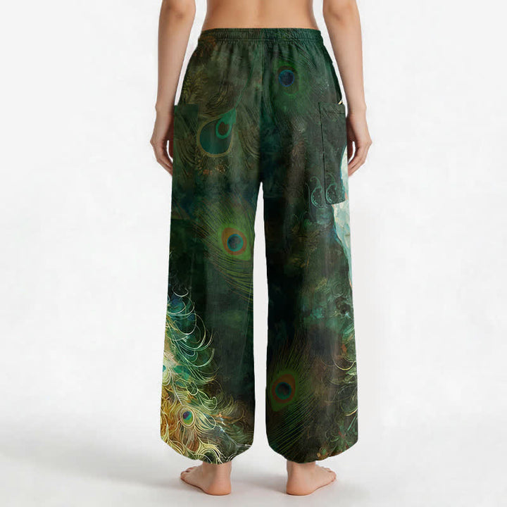 Buddha Stones Cotton White Peacock Feather Pattern Women's Elastic Waist Harem Pants With Side Pockets - image 12