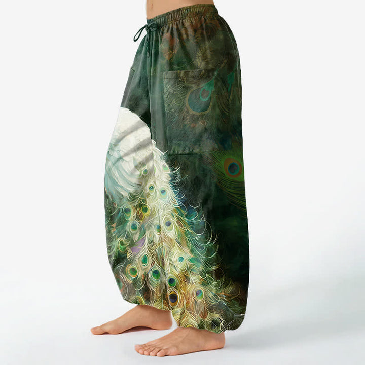 Buddha Stones Cotton White Peacock Feather Pattern Women's Elastic Waist Harem Pants With Side Pockets - image 11