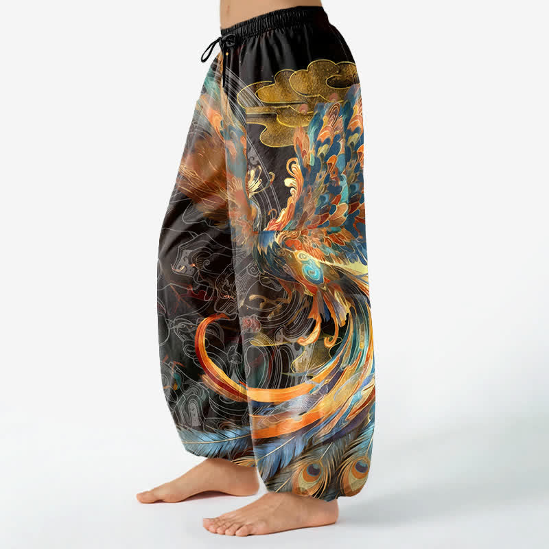 Buddha Stones Cotton Bohemian Flying Phoenix Feather Pattern Women's Elastic Waist Harem Pants With Side Pockets - image 1