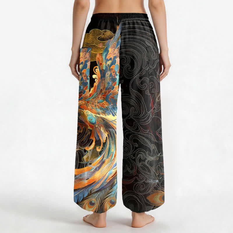 Buddha Stones Cotton Bohemian Flying Phoenix Feather Pattern Women's Elastic Waist Harem Pants With Side Pockets - image 2