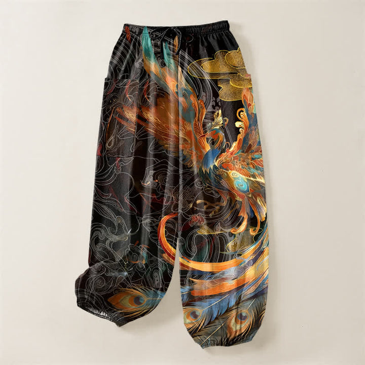 Buddha Stones Cotton Bohemian Flying Phoenix Feather Pattern Women's Elastic Waist Harem Pants With Side Pockets - image 3