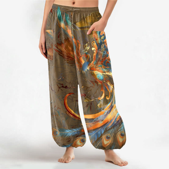 Buddha Stones Cotton Bohemian Flying Phoenix Feather Pattern Women's Elastic Waist Harem Pants With Side Pockets - Peru - US16，UK/AU20，EU48 (3XL) - image 7
