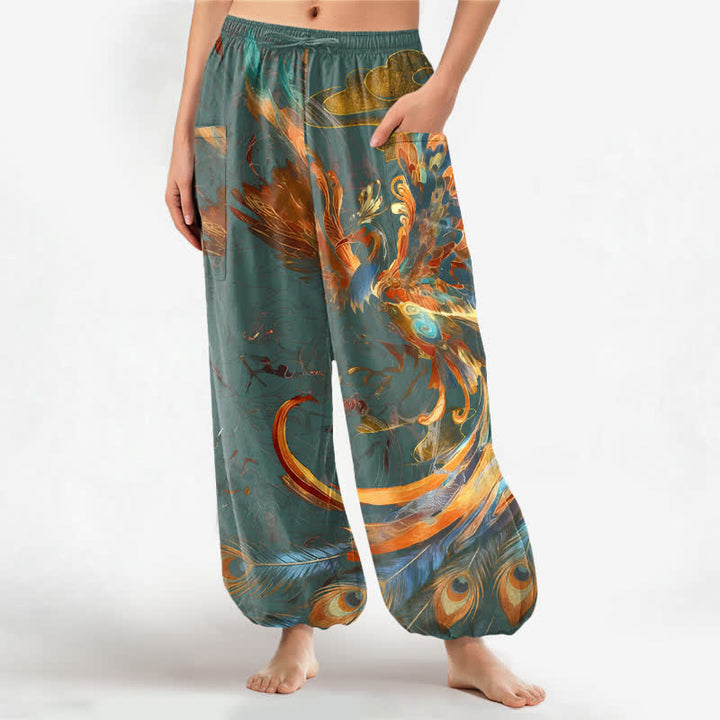 Buddha Stones Cotton Bohemian Flying Phoenix Feather Pattern Women's Elastic Waist Harem Pants With Side Pockets - CadetBlue - US16，UK/AU20，EU48 (3XL) - image 10