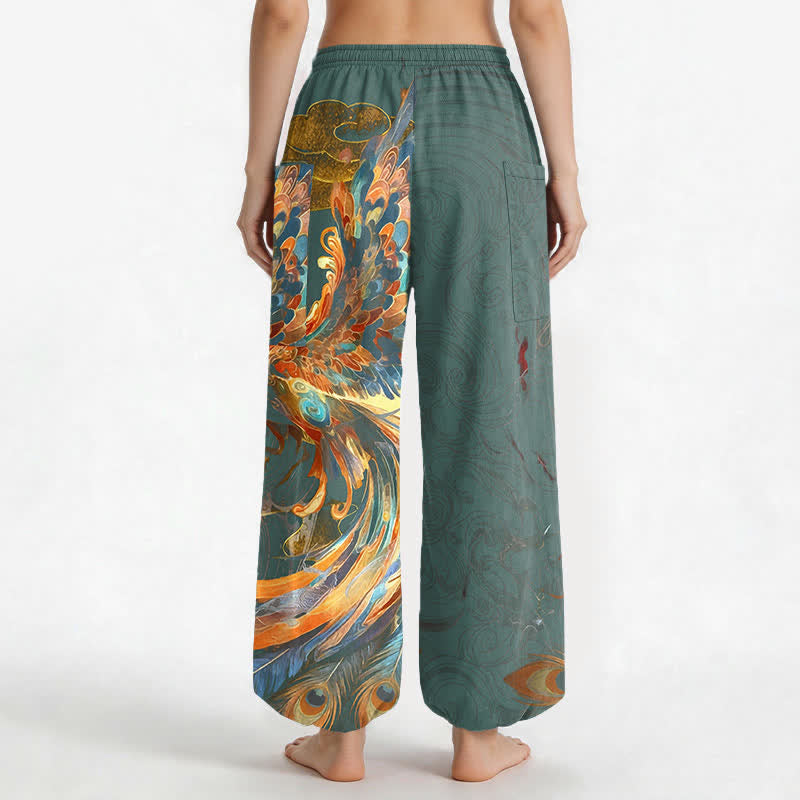 Buddha Stones Cotton Bohemian Flying Phoenix Feather Pattern Women's Elastic Waist Harem Pants With Side Pockets - image 12