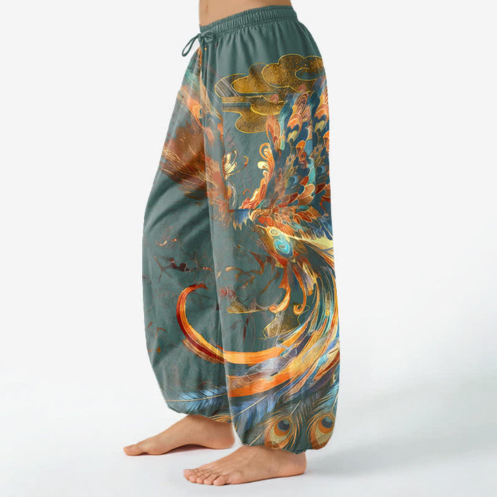 Buddha Stones Cotton Bohemian Flying Phoenix Feather Pattern Women's Elastic Waist Harem Pants With Side Pockets - image 11