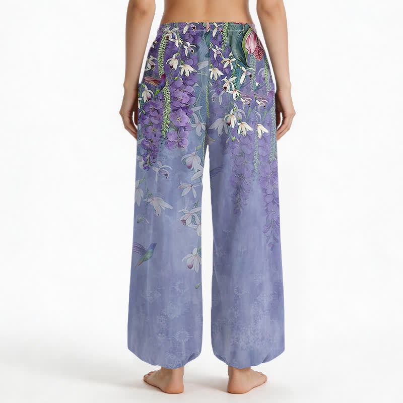 Buddha Stones Cotton Vintage Wisteria Birds Floral Pattern Women's Elastic Waist Harem Pants With Side Pockets - image 2