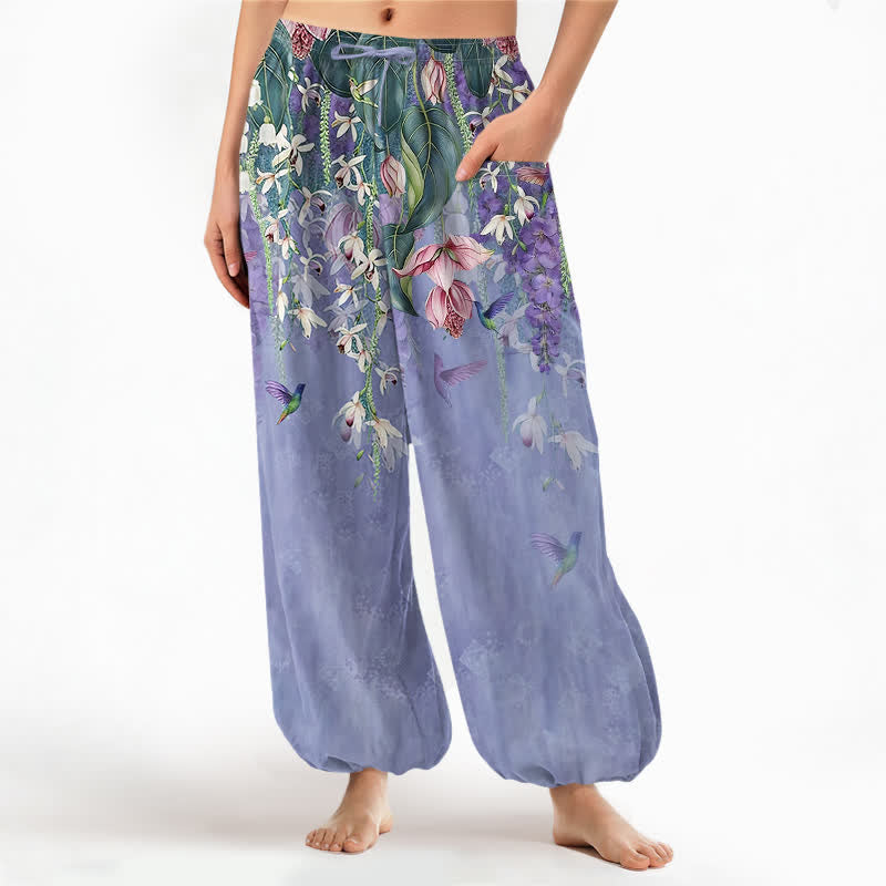 Buddha Stones Cotton Vintage Wisteria Birds Floral Pattern Women's Elastic Waist Harem Pants With Side Pockets - Lavender - US16，UK/AU20，EU48 (3XL) - image 0