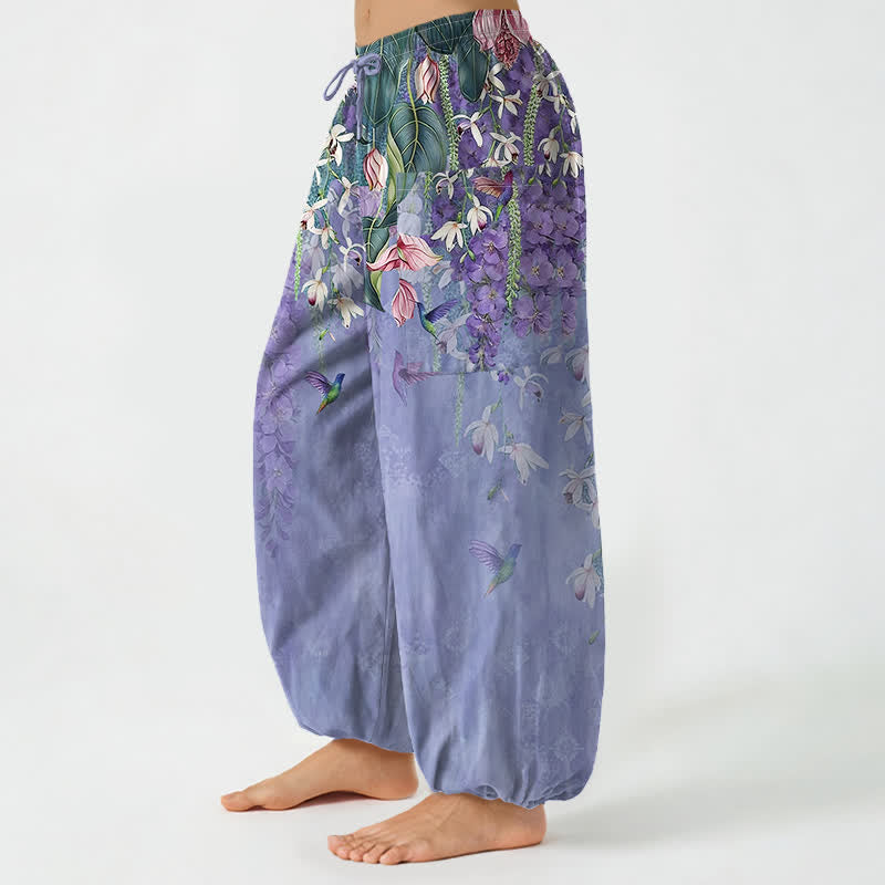Buddha Stones Cotton Vintage Wisteria Birds Floral Pattern Women's Elastic Waist Harem Pants With Side Pockets - image 1