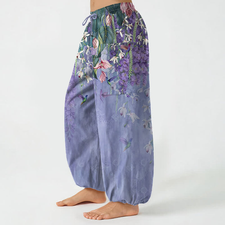 Buddha Stones Cotton Vintage Wisteria Birds Floral Pattern Women's Elastic Waist Harem Pants With Side Pockets - image 1