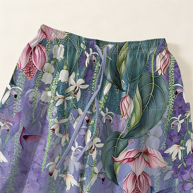 Buddha Stones Cotton Vintage Wisteria Birds Floral Pattern Women's Elastic Waist Harem Pants With Side Pockets - image 5