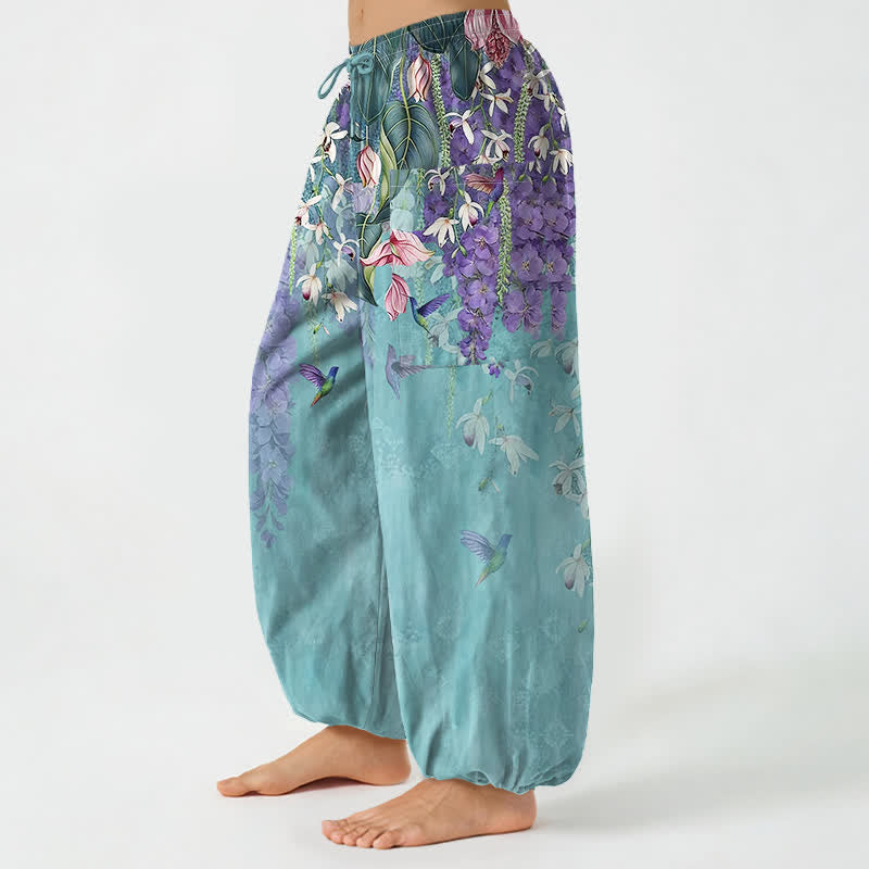 Buddha Stones Cotton Vintage Wisteria Birds Floral Pattern Women's Elastic Waist Harem Pants With Side Pockets - image 8