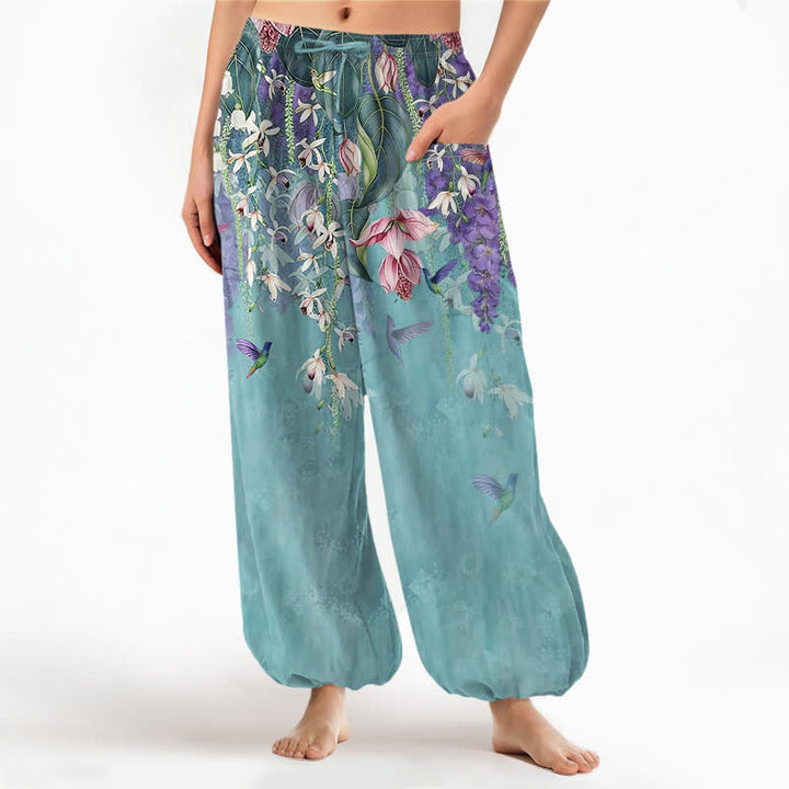 Buddha Stones Cotton Vintage Wisteria Birds Floral Pattern Women's Elastic Waist Harem Pants With Side Pockets - MediumTurquoise - US16，UK/AU20，EU48 (3XL) - image 7