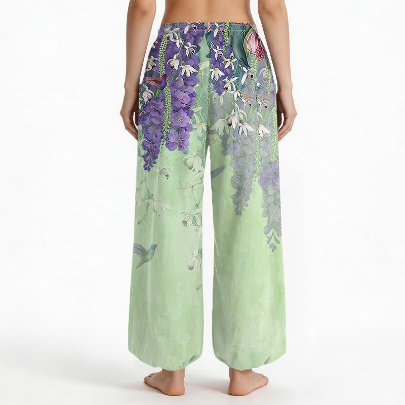 Buddha Stones Cotton Vintage Wisteria Birds Floral Pattern Women's Elastic Waist Harem Pants With Side Pockets - image 12