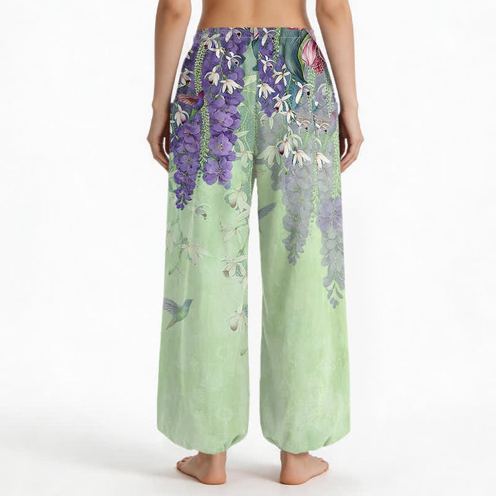 Buddha Stones Cotton Vintage Wisteria Birds Floral Pattern Women's Elastic Waist Harem Pants With Side Pockets - image 12