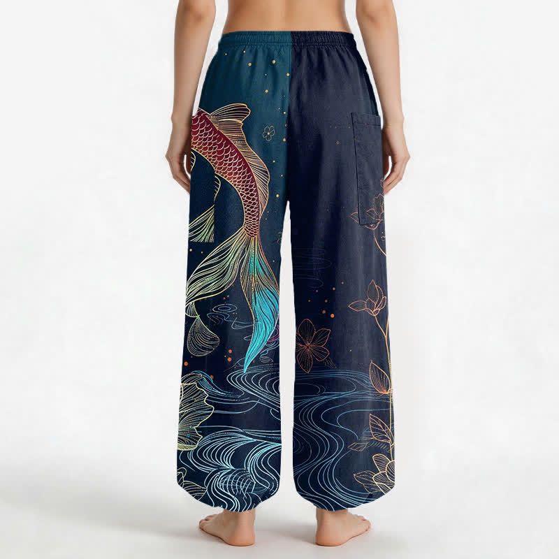 Buddha Stones Cotton Koi Fish Lotus Flowers Pattern Women's Elastic Waist Harem Pants With Side Pockets - image 2