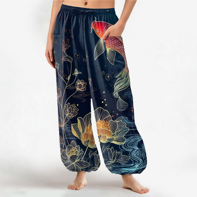Buddha Stones Cotton Koi Fish Lotus Flowers Pattern Women's Elastic Waist Harem Pants With Side Pockets - Navy - US16，UK/AU20，EU48 (3XL) - image 0