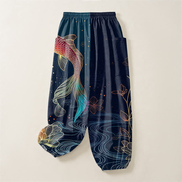 Buddha Stones Cotton Koi Fish Lotus Flowers Pattern Women's Elastic Waist Harem Pants With Side Pockets - image 4