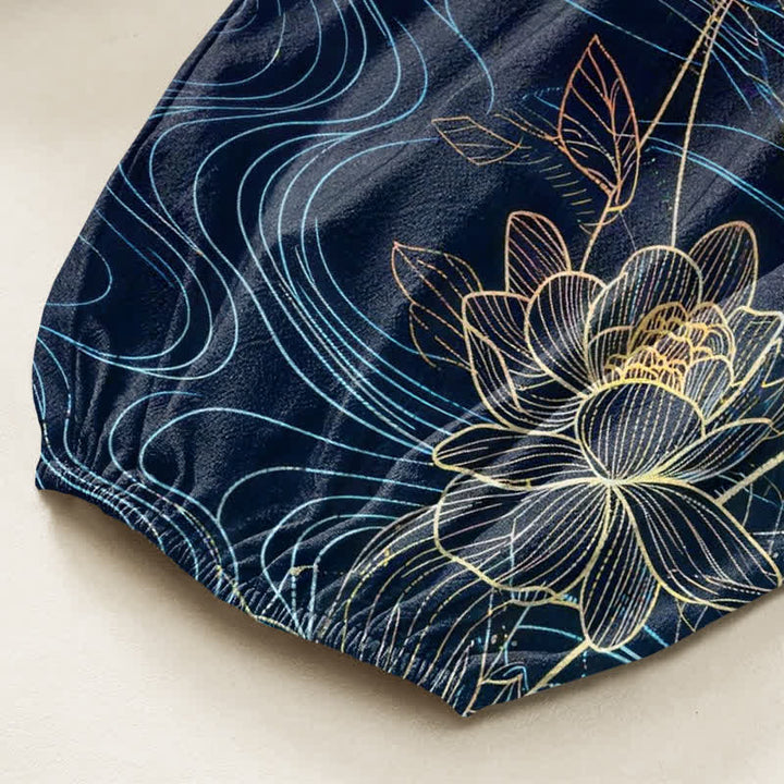 Buddha Stones Cotton Koi Fish Lotus Flowers Pattern Women's Elastic Waist Harem Pants With Side Pockets - image 6