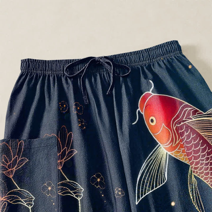 Buddha Stones Cotton Koi Fish Lotus Flowers Pattern Women's Elastic Waist Harem Pants With Side Pockets - image 5