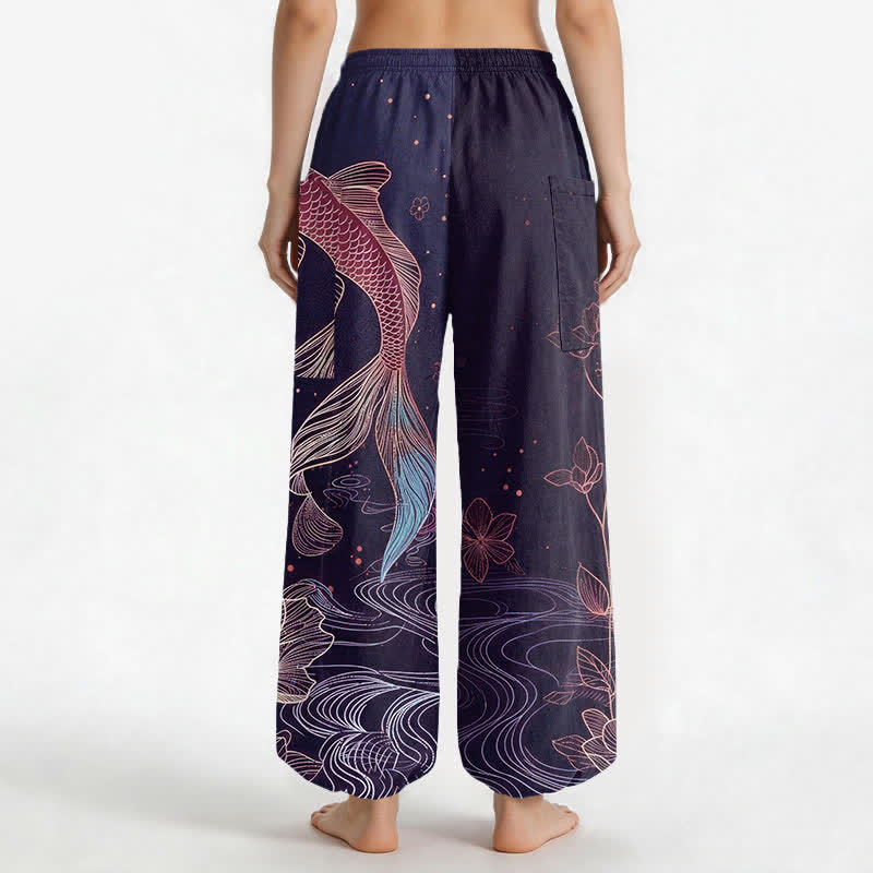 Buddha Stones Cotton Koi Fish Lotus Flowers Pattern Women's Elastic Waist Harem Pants With Side Pockets - image 9