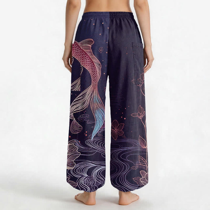 Buddha Stones Cotton Koi Fish Lotus Flowers Pattern Women's Elastic Waist Harem Pants With Side Pockets - image 9