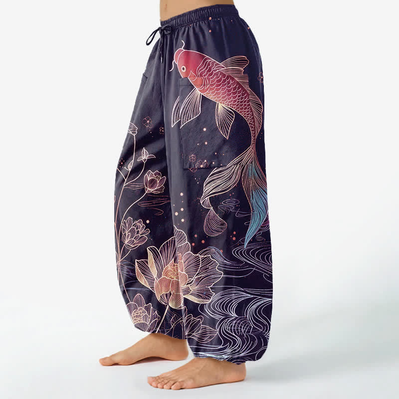 Buddha Stones Cotton Koi Fish Lotus Flowers Pattern Women's Elastic Waist Harem Pants With Side Pockets - image 8