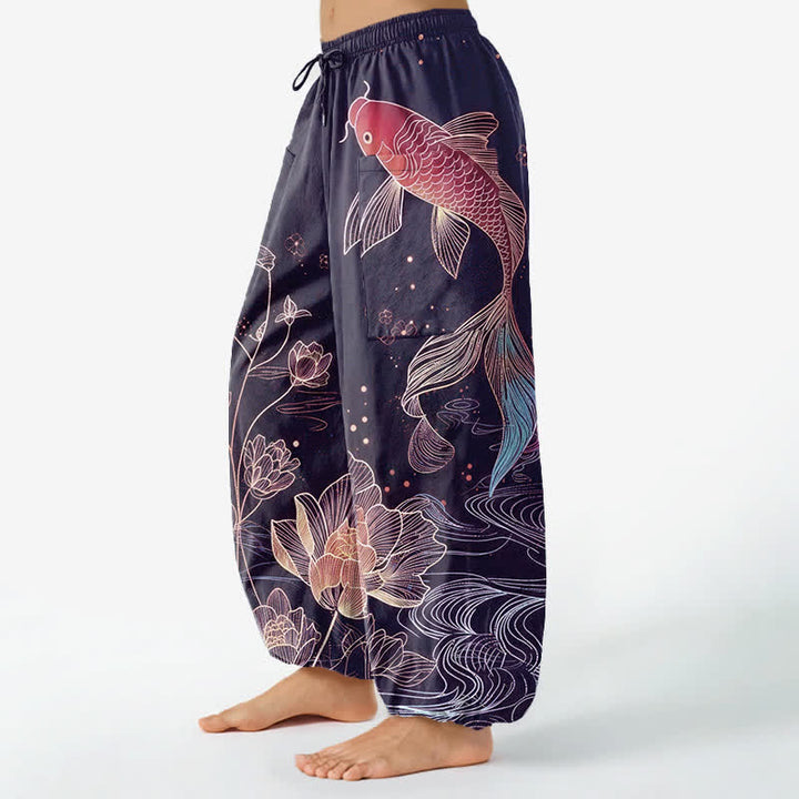 Buddha Stones Cotton Koi Fish Lotus Flowers Pattern Women's Elastic Waist Harem Pants With Side Pockets - image 8