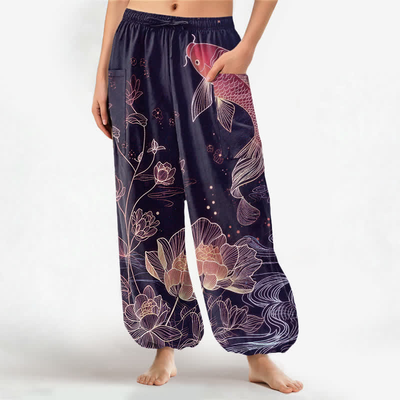 Buddha Stones Cotton Koi Fish Lotus Flowers Pattern Women's Elastic Waist Harem Pants With Side Pockets - Purple - US16，UK/AU20，EU48 (3XL) - image 7