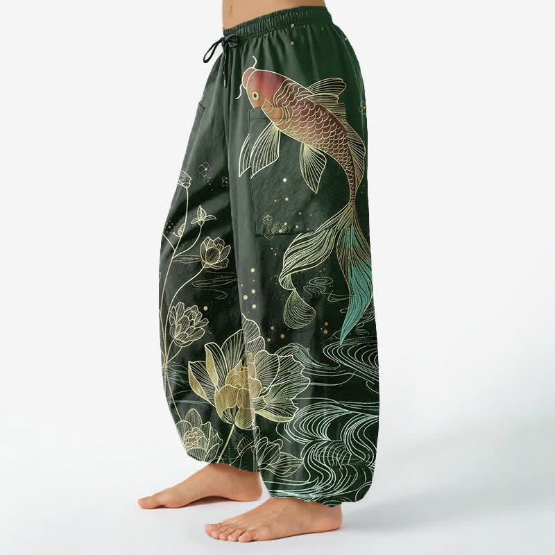 Buddha Stones Cotton Koi Fish Lotus Flowers Pattern Women's Elastic Waist Harem Pants With Side Pockets - image 11