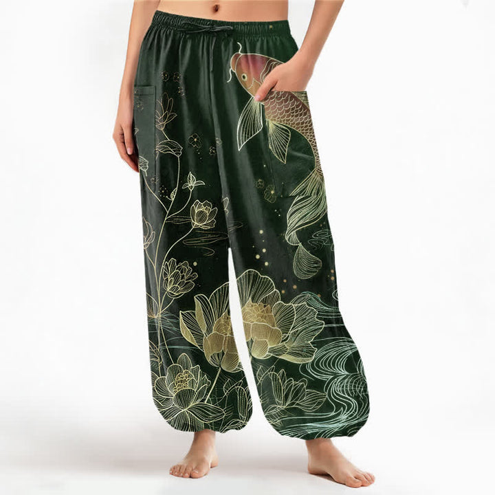 Buddha Stones Cotton Koi Fish Lotus Flowers Pattern Women's Elastic Waist Harem Pants With Side Pockets - DarkGreen - US16，UK/AU20，EU48 (3XL) - image 10