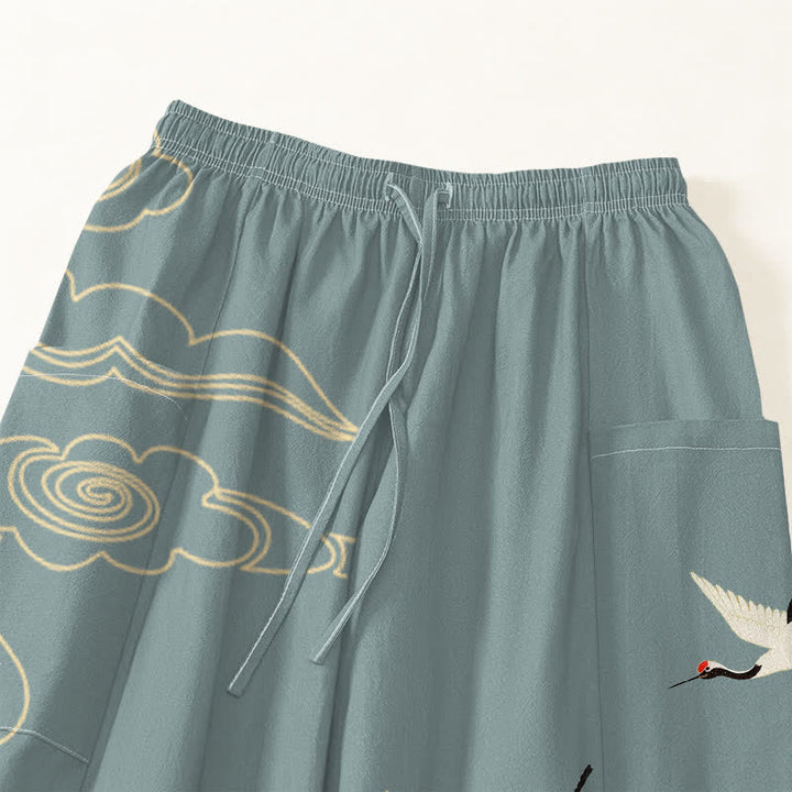 Buddha Stones Cotton Oriental White Crane Cloud Pattern Women's Elastic Waist Harem Pants With Side Pockets - image 5