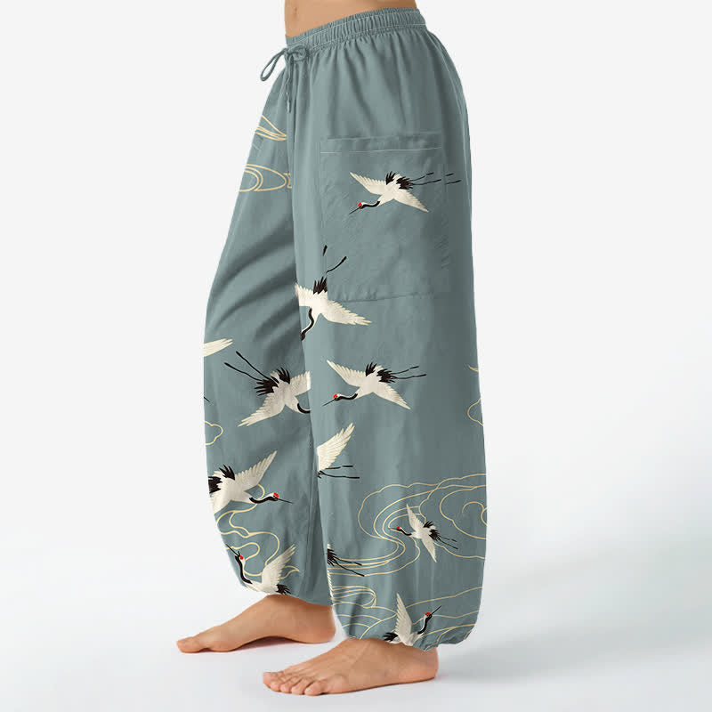Buddha Stones Cotton Oriental White Crane Cloud Pattern Women's Elastic Waist Harem Pants With Side Pockets - image 1